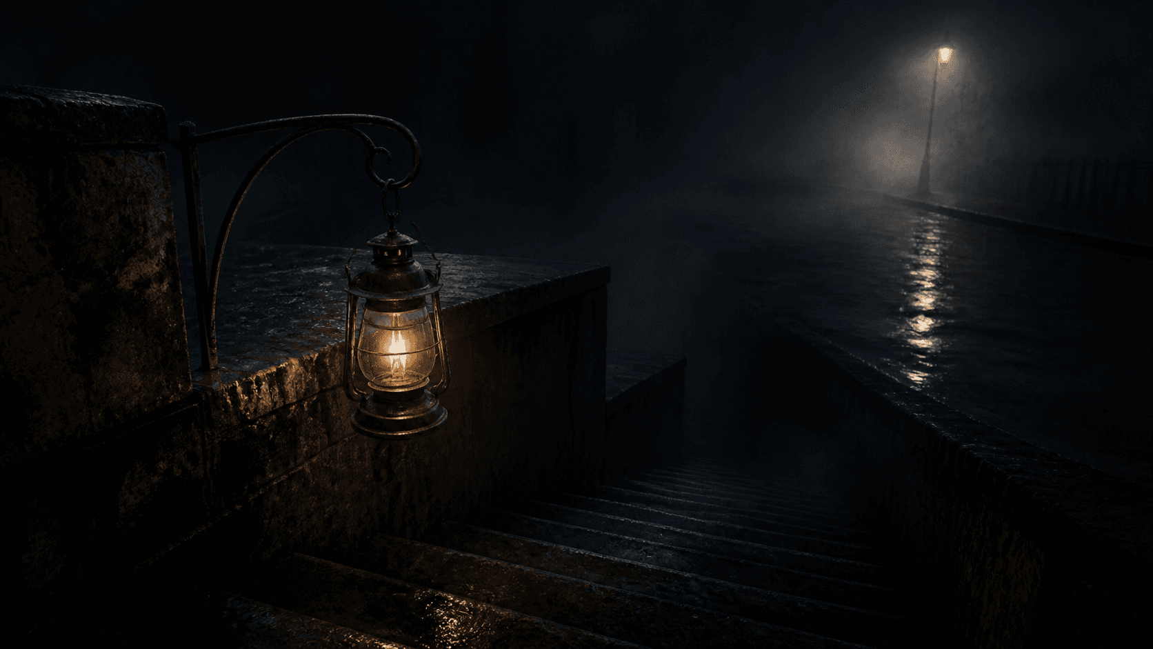 Eine leuchtende Laterne über einer regennassen Treppe im nächtlichen Greyhaven